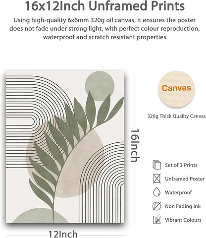 HesenDot Unframed Boho Sage Green Canvas Prints,12x16in Botanical Line Wall Art,Set of 3 Abstract Geometric Posters Decor,Minimalist Modern Green Artwork for Living Room Bedroom Bathroom Office Home