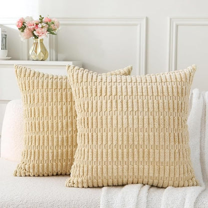 2 Pack Corduroy Decorative Throw Pillow with Inserts, 18x18 Inch Soft Boho Throw Pillow, Square Striped Throw Pillows for Couch, Bed, Sofa Decor (Creamy Beige)