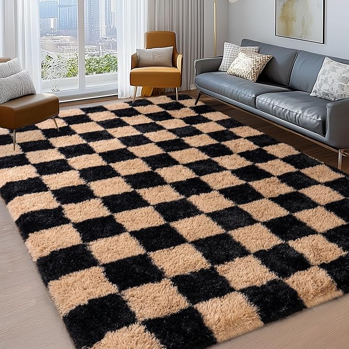 Shag Rugs for Living Room 5x7, Ultra Soft Checkered Black Beige Big Fuzzy Rugs for Bedroom, 5 x 7 Fluffy Shaggy Plush Carpet Kids Room Dorm Upgrade Non-Slip
