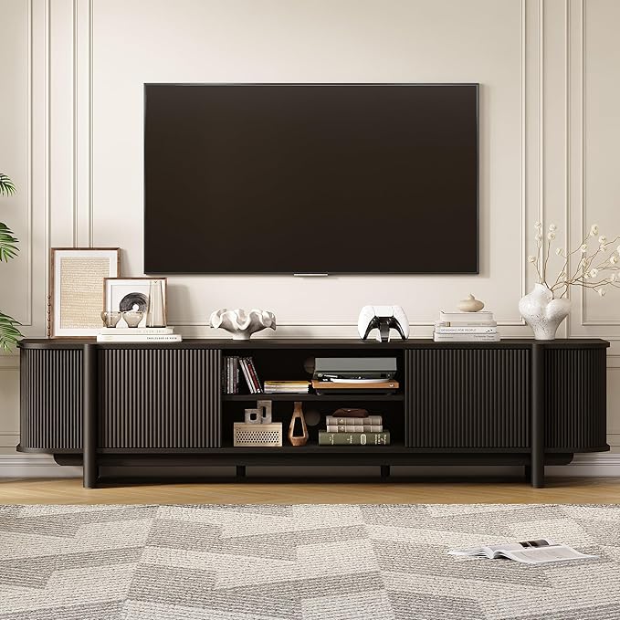 Vabches 70" Mid Century TV Stand for TVs up to 80 Inch,Fluted Entertainment Center with Storage and Adjustable Shelves,Modern Media Console Table for Living Room,Bedroom,Black