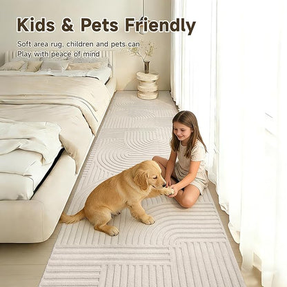 Pauwer 3x12 Washable Area Rugs for Living Room Modern Beige Solid Color Soft Fluffy Rugs for Bedroom Non Slip Boho Accent Indoor Mat Floor Carpet Cover for Kids Dining Room Kitchen Office