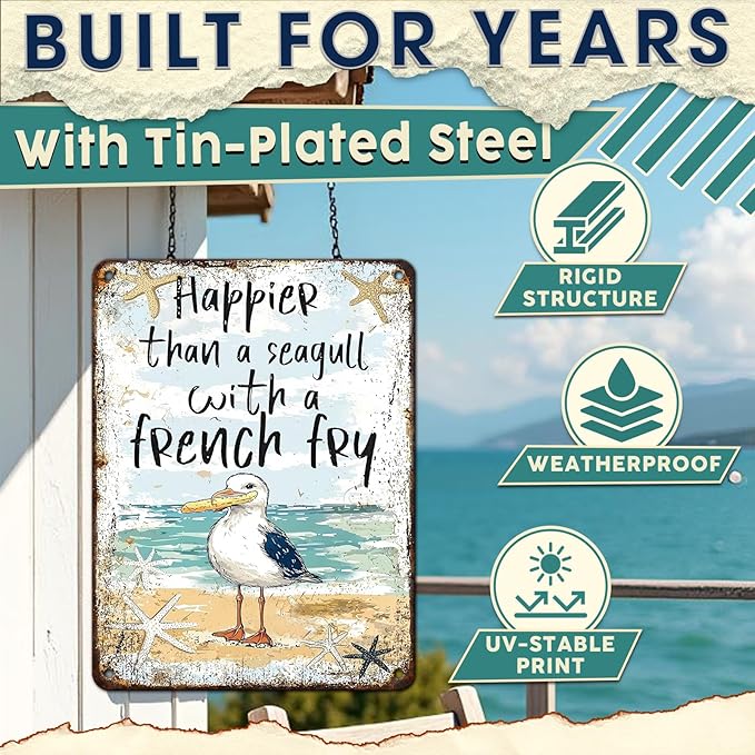 Seagull Vintage Tin Sign Seagull with French Fry Metal Tin Sign Beach Decor Beach Decor for Bedroom Pool Decorations Outdoor 12x16inch