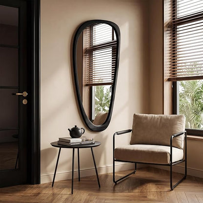 48''x22'' Asymmetrical Mirror with Wood Frame Black, Small Irregular Wall Mirror Odd Shaped, Mid Century Modern Mirror Decor for Bedroom Living Room Entryway Hall