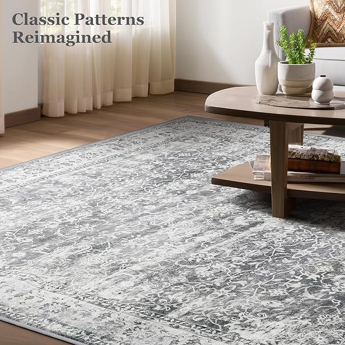 Grey 2x6 Runner Rug for Hallways Entryway, Vintage Neutral Kitchen Bathroom Runner 6ft, Non Slip Washable Low Pile Thin Carpet Runner for Mudroom/Laundry Room/Bedroom Bedside