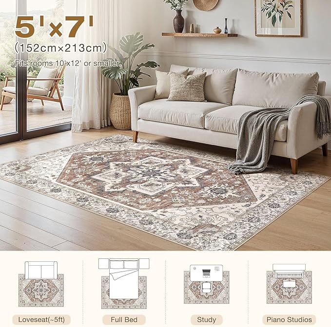 Area Rug 5x7 for Living Room - Washable Oriental Vintage Floral Distressed Large Indoor Carpets with Non Slip Back for Bedroom Dining Room Nursery Office Home Decor -Terracotta/Brown