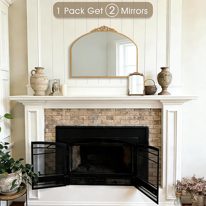 1 Set Vintage 36x29 Gold Antique Baroque Arched Ornate Traditional Brass Mirror and 8.5x12 Vintage Vanity Makeup Desk Table Mirror for Bathroom Entryway Living Room Hallway Fireplace