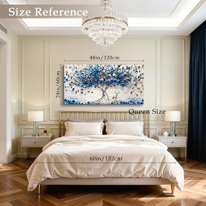 imjiayu Tree of Life Wall Art, Large Wall Decor, Blue Wall Art, White Gold Money Tree Prints, Modern Feng Shui Decor, Abstract Canvas Paintings Wall Decor Living Room Bedroom Office Hallway 24"x48"