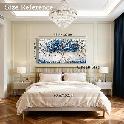 imjiayu Tree of Life Wall Art, Large Wall Decor, Blue Wall Art, White Gold Money Tree Prints, Modern Feng Shui Decor, Abstract Canvas Paintings Wall Decor Living Room Bedroom Office Hallway 24"x48"