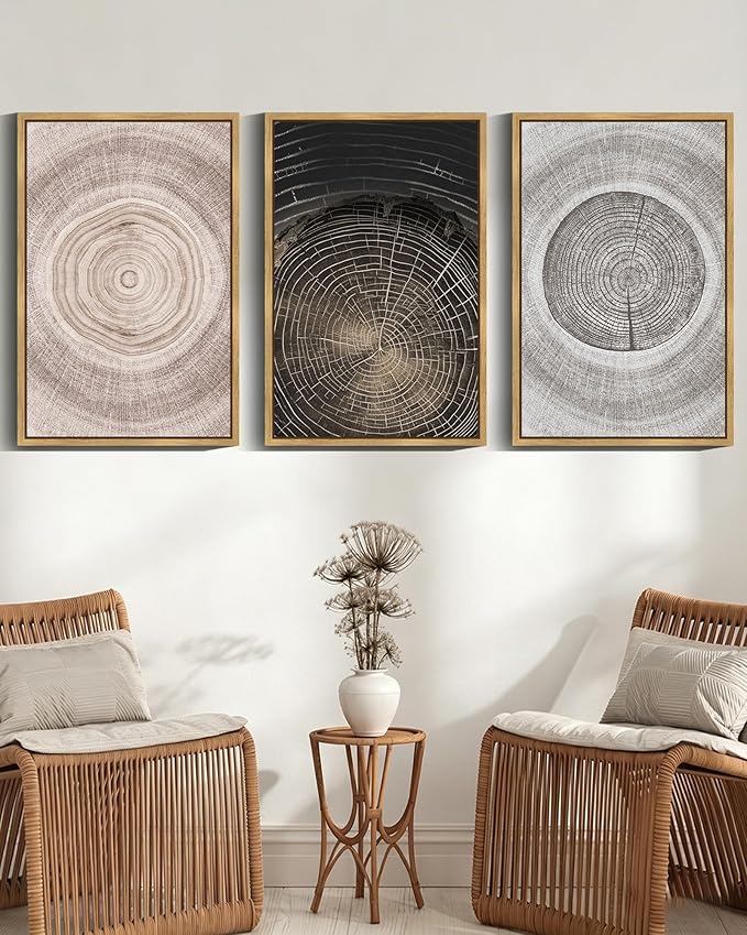 PHOPAGO Vintage Wood Tree Rings Wall Art 24x36in Farmhouse Rustic Framed Canvas Paintings Living Room Bedroom Decor Nature Artwork Natural Framed