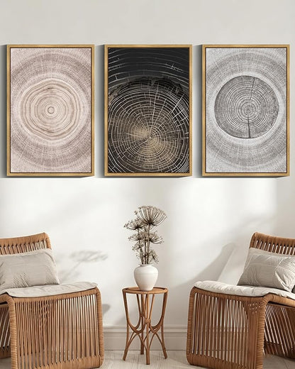 PHOPAGO Vintage Wood Tree Rings Wall Art 24x36in Farmhouse Rustic Framed Canvas Paintings Living Room Bedroom Decor Nature Artwork Natural Framed