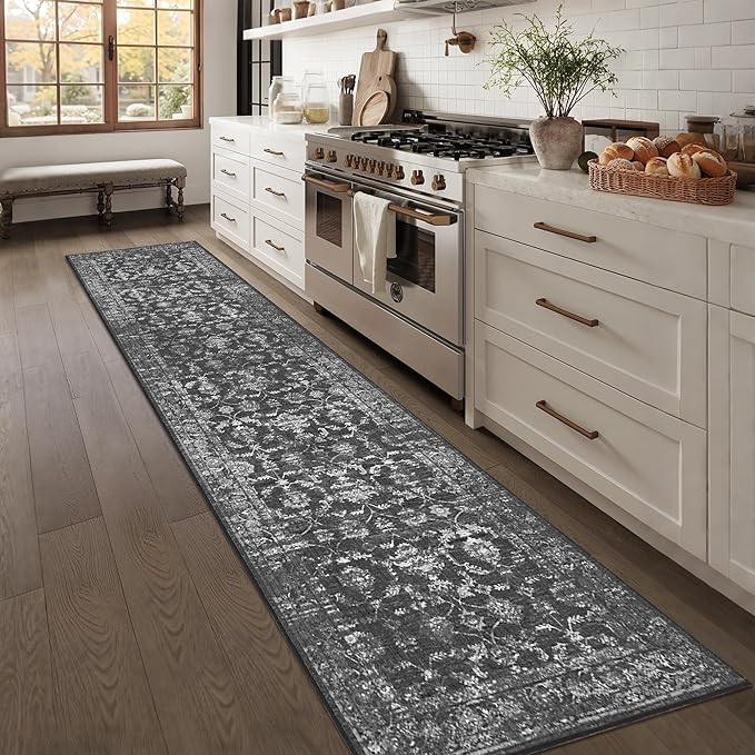 2.6x10 Black Runner Rug Hallway Washable Area Rugs Kitchen Vintage Boho Non Slip Long Rug Floral Carpet Indoor Retro Soft Low Pile Throw Rug for Bedroom Bathroom Laundry Dining Living Room Office
