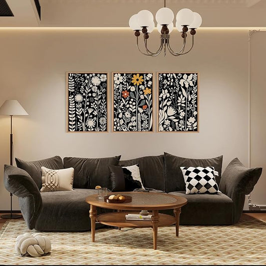 HOURIA Large Moody Boho Floral Framed Canvas Wall Art Set,Mid Century Black Flower Leaf Wall Decor,Retro Dark Wildflower Artwork,Minimalist Botanical Art Print for Living Room,Bedroom,Office-24"x36"x3