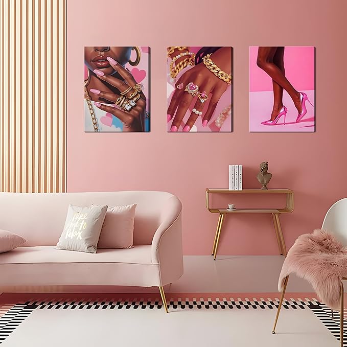 Framed Pink Black Girl Wall Art Set of 3, African American Black Women Canvas Prints Poster, Fashion Gorgeous Girl Paintings Pictures Artwork for Bathroom Bedroom Living Room Wall Decor 12x16 Inch