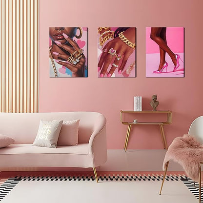 Framed Pink Black Girl Wall Art Set of 3, African American Black Women Canvas Prints Poster, Fashion Gorgeous Girl Paintings Pictures Artwork for Bathroom Bedroom Living Room Wall Decor 12x16 Inch