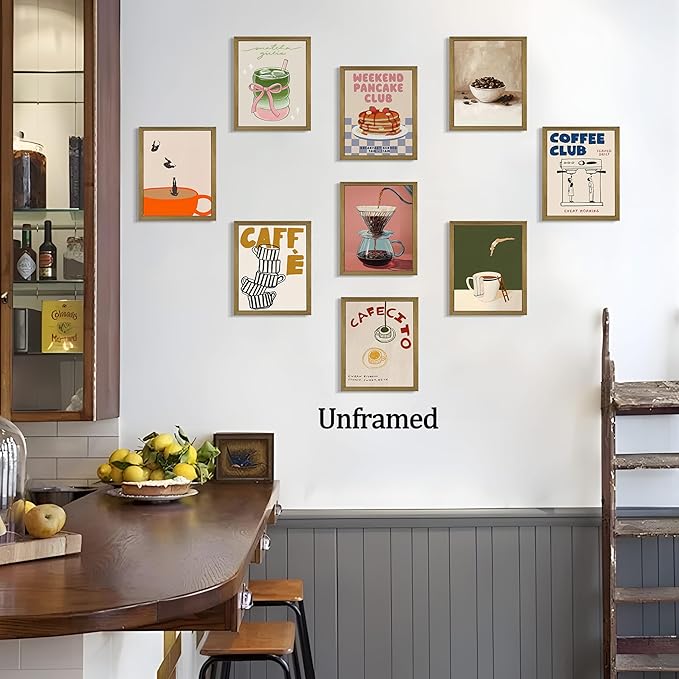 XYHYRA Coffee Wall Art Set of 9, Vintage Coffee Bar Canvas Prints Poster, Cafe Club Matcha Latte Pancake Kitchen Artwork Wall Decor for Coffee Bar Dining Room Home Decor 8x10 Inch Unframed