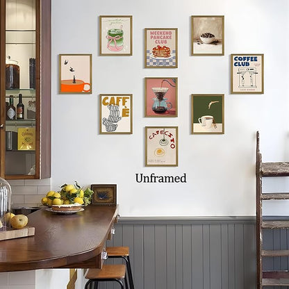 XYHYRA Coffee Wall Art Set of 9, Vintage Coffee Bar Canvas Prints Poster, Cafe Club Matcha Latte Pancake Kitchen Artwork Wall Decor for Coffee Bar Dining Room Home Decor 8x10 Inch Unframed