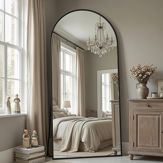 Antok Full Length Floor Mirror Arched Standing Mirror with Aluminum Frame - Freestanding Wall Mount Leaning Body Mirror for Bedroom Living Room Entryway, 76" L x 34" W, Black
