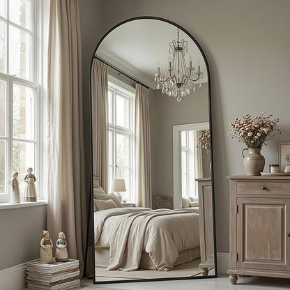 Antok Full Length Floor Mirror Arched Standing Mirror with Aluminum Frame - Freestanding Wall Mount Leaning Body Mirror for Bedroom Living Room Entryway, 76" L x 34" W, Black