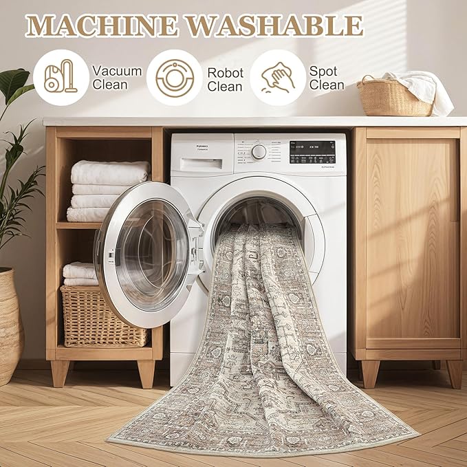 Area Rug 5x8 Washable Vintage - Soft Traditional Rugs for Living Room Large Non Slip Backing with Low Pile Farmhouse Oriental Retro Carpet for Bedroom Dining Room or Home Office - Light Brown