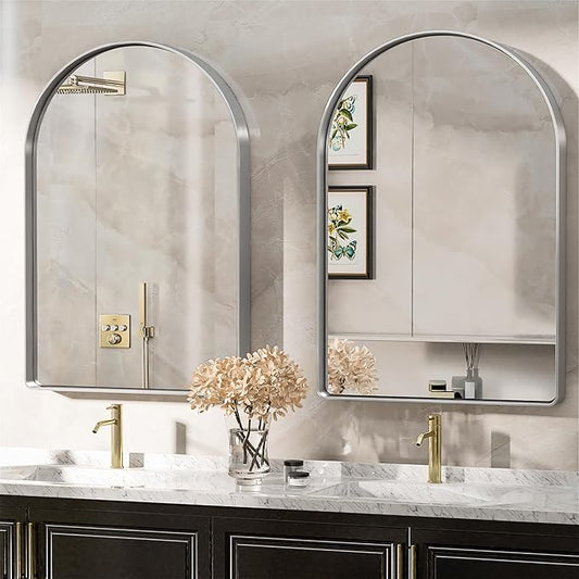 Suidia 22" x 30" Bathroom Mirror, Bathroom Vanity Mirror Metal Framed, Wall-Mounted Mirrors for Bedroom, Living Room, Entryway, Hallway, Silver, Arch Style