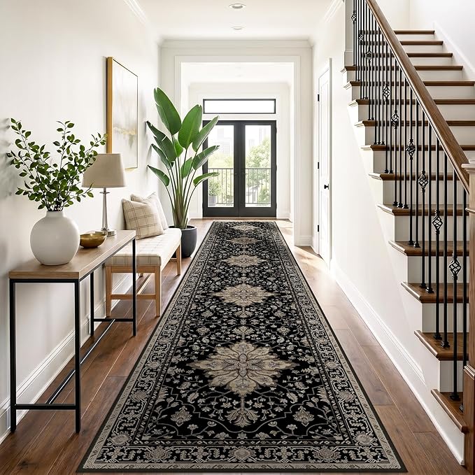 RELEANY Area Rugs 3'x20' Runner Rug Non Slip Washable for Kitchen Hallway Bedroom Beside Laundry Room Bathroom Rug, Floor Carpet, Black Brown Neutral Dark Tan