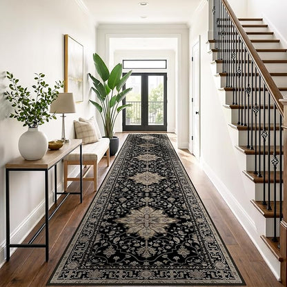 RELEANY Area Rugs 3'x20' Runner Rug Non Slip Washable for Kitchen Hallway Bedroom Beside Laundry Room Bathroom Rug, Floor Carpet, Black Brown Neutral Dark Tan