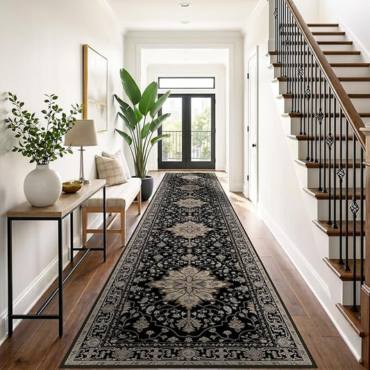 RELEANY Area Rugs 3'x20' Runner Rug Non Slip Washable for Kitchen Hallway Bedroom Beside Laundry Room Bathroom Rug, Floor Carpet, Black Brown Neutral Dark Tan