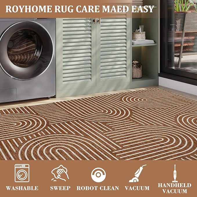 ROYHOME Modern Rug 2.5x10 Runners for Hallways, Abstract Kitchen Runner Rugs Non Slip Bath Mat, Rainbow Washable Runner Rug for Bedroom, Soft Long Rugs for Entryway Bathroom Laundry Dorm, Copper