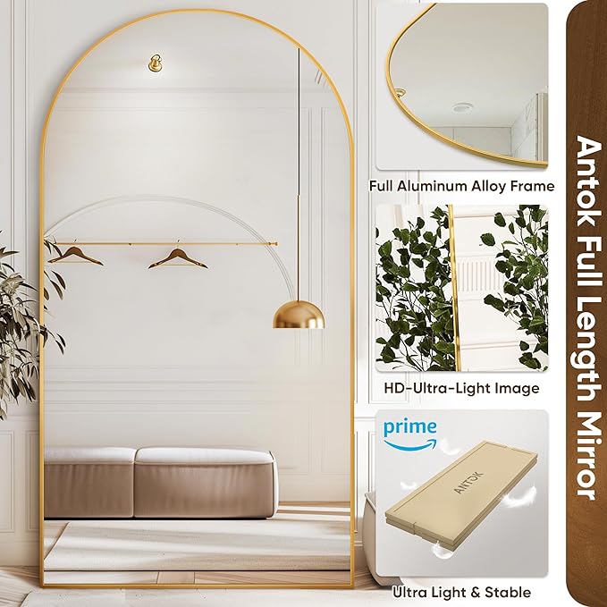 Antok Oversized Full Length Mirror with Stand, 83"x44" Arched Floor Mirror, Aluminum Frame, Wall Mounted/Leaning/Free Standing, Large Body Mirror for Bedroom Living Room Entryway Dressing Room,Gold