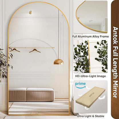 Antok Oversized Full Length Mirror with Stand, 83"x44" Arched Floor Mirror, Aluminum Frame, Wall Mounted/Leaning/Free Standing, Large Body Mirror for Bedroom Living Room Entryway Dressing Room,Gold