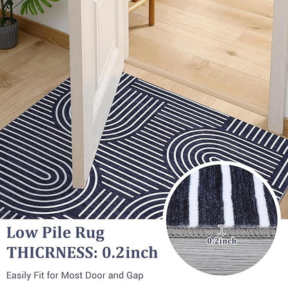 ROYHOME Washable Rug 4x6 Area Rugs for Living Room, Abstract Rug for Bedroom, Soft Rainbow Non Slip Throw Rugs with Rubber Back, Low Pile Stain Resistant Boho Geometric Carpet for Dining Room, Blue