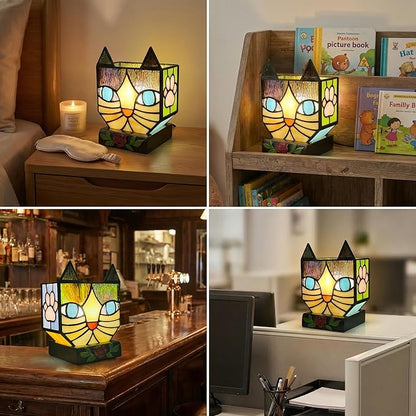 Stained Glass Cat Lamp, Tiffany Style Table Lamp with 24H Cycle Timer, Small Table Lamp with Dimmable Timing Function, Cat Gifts for Women,Cat Lovers,Cat Remembrance Gifts