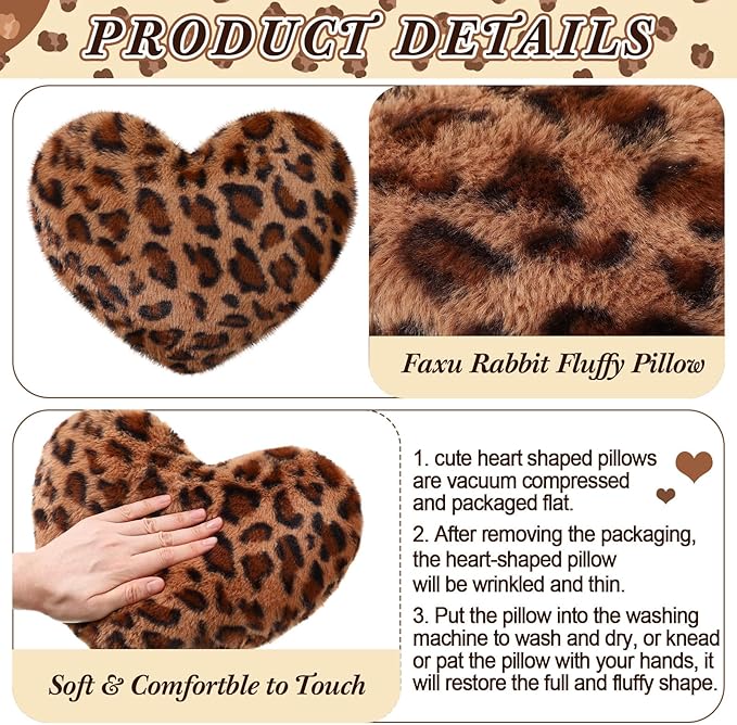 4 Pack Leopard Heart Shaped Pillow Small Cheetah Print Love Pillows 13 x 10 Inch Faux Rabbit Fur Pillows Leopard Throw Heart Pillow for Wedding, Anniversary, Vintage Room Decorative