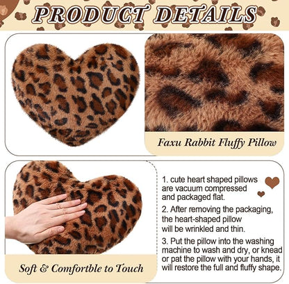 4 Pack Leopard Heart Shaped Pillow Small Cheetah Print Love Pillows 13 x 10 Inch Faux Rabbit Fur Pillows Leopard Throw Heart Pillow for Wedding, Anniversary, Vintage Room Decorative