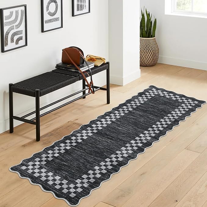 Rug Runners for Hallways 2x8 Washable Kitchen Runner Rug Non Slip Low Pile Bedside Throw Carpet Modern Bordered Bathroom Runners Checkered Area Rug for Living Room Bedroom Entryway Nursery, Grey