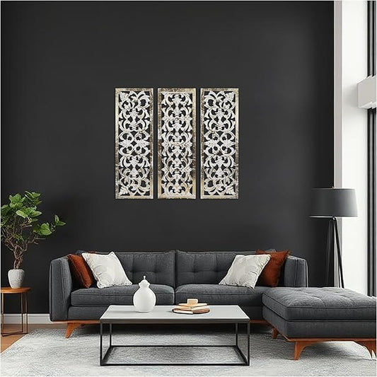The Wooden Town Wall Hanging Plaques Set of 3-36x12 Decorative Wall Art Panels, Gold Foil on White Wood - Elegant Sculpture Wall Décor for Living Room, Bedroom, Office, or Entryway