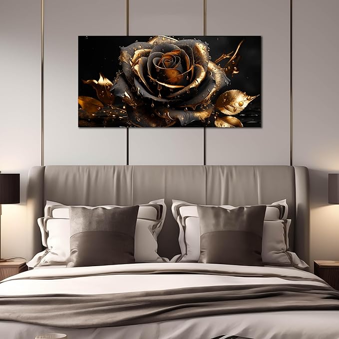 Ouzzlie Large Black Canvas Art for Bedroom Rose Wall Art Flower Picture Gold Wall Decor Artwork for Living Room Office 24" x 48"