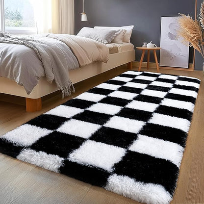 Fluffy Area Rugs for Living Room, Shaggy Carpets for Living Room, Upgrade Anti-Slip Fuzzy Rugs for Kids' Room, Perfect Decor for Modern Home Black White Grid 2x6 Ft