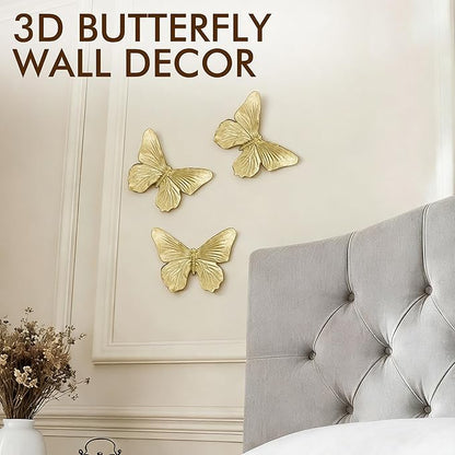 GUSFREUD 3D Butterfly Wall Decor Set – Resin Wall Decorations for Living Room, Bedroom, Garden, Yard, Outdoor and Gallery Walls - Antique Gold - Set of 3