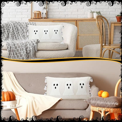Vercraft Halloween Ghost Throw Pillow with Tassels 14x26 Inch Ghost Spooky Halloween Throw Lumbar Pillows Decorative Pillows Halloween Room Decor for Holiday Party Sofa Bed Cushion (White)