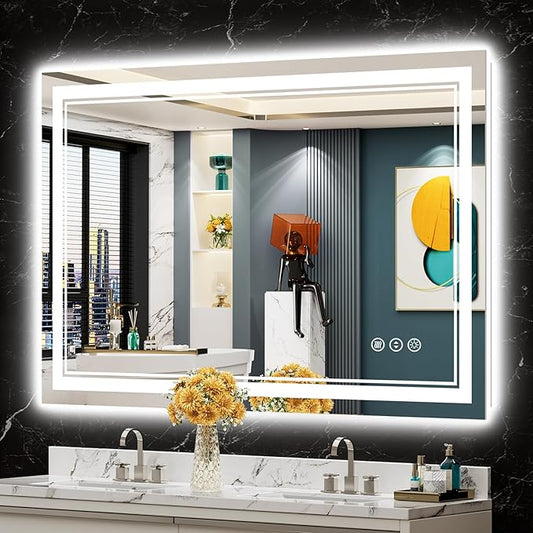 48x32 LED Bathroom Mirror with Lights, Backlit and Front Lit Anti-Fog Lighted Vanity Mirrors for Bathroom Wall, Dimmable, 3-Color Light, Memory, Shatter-Proof, HD Tempered Glass, CRI＞90