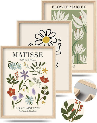 Framed Matisse Canvas Wall Art for Bedroom,Abstract Matisse Canvas Wall Decor,Minimalist Classic Decor Aesthetic,16x12IN Wood High Framed Design Posters for Living Room,Bathroom Set of 3