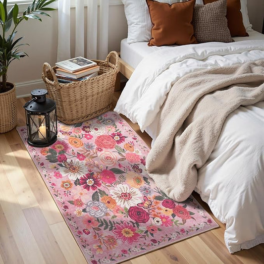 2x4 Entryway Runner Rugs, Non Slip Washable Rugs with Rubber Backing Soft Floral Carpet Runner for Kitchen, Laundry, Bedroom, Bathroom, Pink Garden, 2 x 4