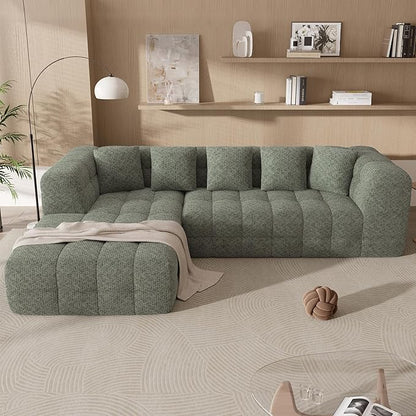 107" Modern Boneless Couch with L - Shaped Chaise, Comfy Chenille Modular Sectional Sofa with Tufted Design, Deep Seat Upholstered Sofa Bed, No - Assembly Sectional Couch, Green