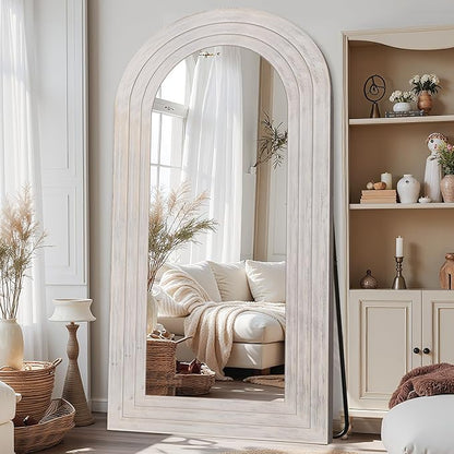 Antok Full Length Mirror with Solid Wood Frame, 76"×34" Wall Mounted Oversized Floor Mirror with Stand, Leaning Standing Hanging for Bedroom Living Room Entryway, White, Arched Syle