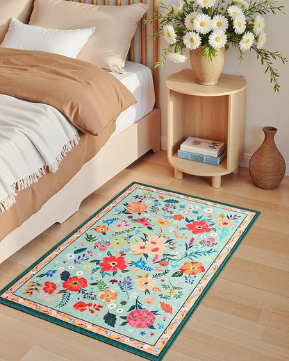 Macgace 2x3 Small Floral Rug for Entryway, Flowers Printed Washable Rugs with Non Slip Backing for Girls Bedroom Kitchen, Cute Throw Carpet Front Door Entry Decor, Light Green