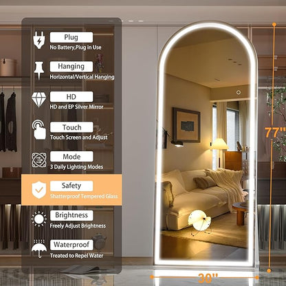 Hasipu 77" x 30" Led Mirror Full Length, Full Length Mirror with Lights Arch Design,Tempered Glass,Shatter-Proof, Dimming & 3 Color Modes for Bedroom Cloakroom-UL