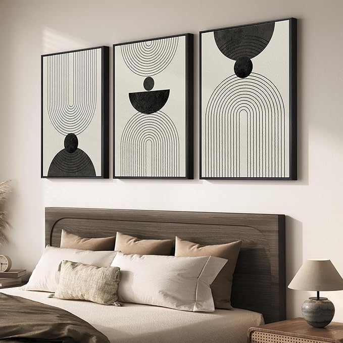 Large Framed Boho Abstract Wall Art for Living Room, 3 Piece Black and White Modern Minimalist Canvas Artwork for Walls, Bauhaus Geometric Prints Wall Decor for Bedroom Home Office Hallway, 24x36 Inch