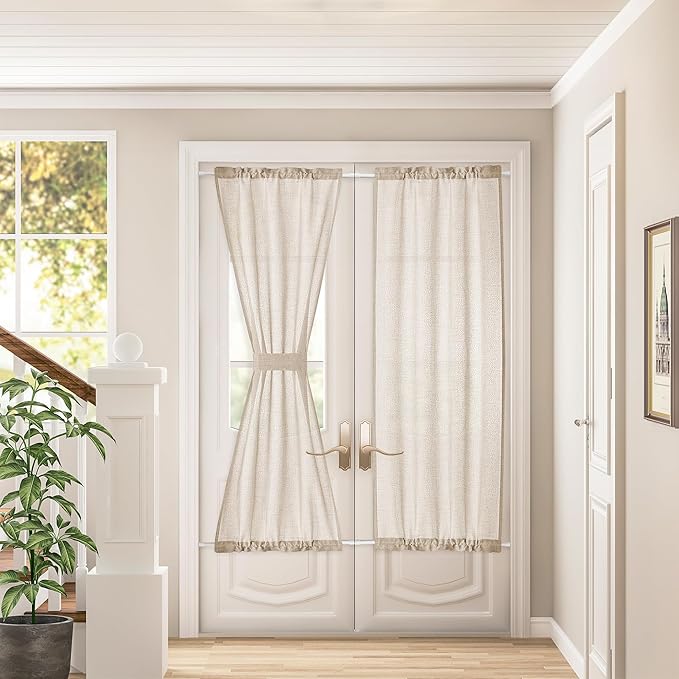 2 Pieces French Door Curtains Linen W35 x L72 Dual Rod Pocket Light Coffee Semi Sheer Curtains for French Door with Tieback for Privacy Protection Light Filtering for Kitchen Dining Room