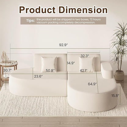 MELLCOM Modern 93" Curved Boneless Sofa Couch, L-Shaped Corner Sofa, No Assembly Needed, Chenille Upholstered Cloud Sectional Couch for Living Room,Apartment and Bedroom (Beige, Right Hand Facing)